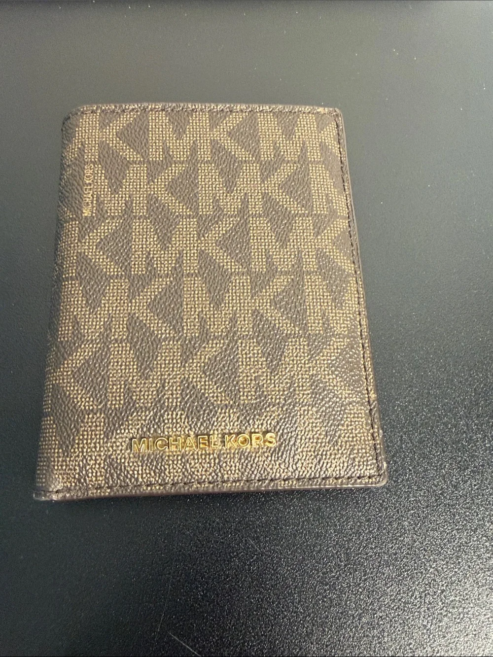 Michael Kors Brown MK Logo Card & Key Holder with Gold Tone Logo